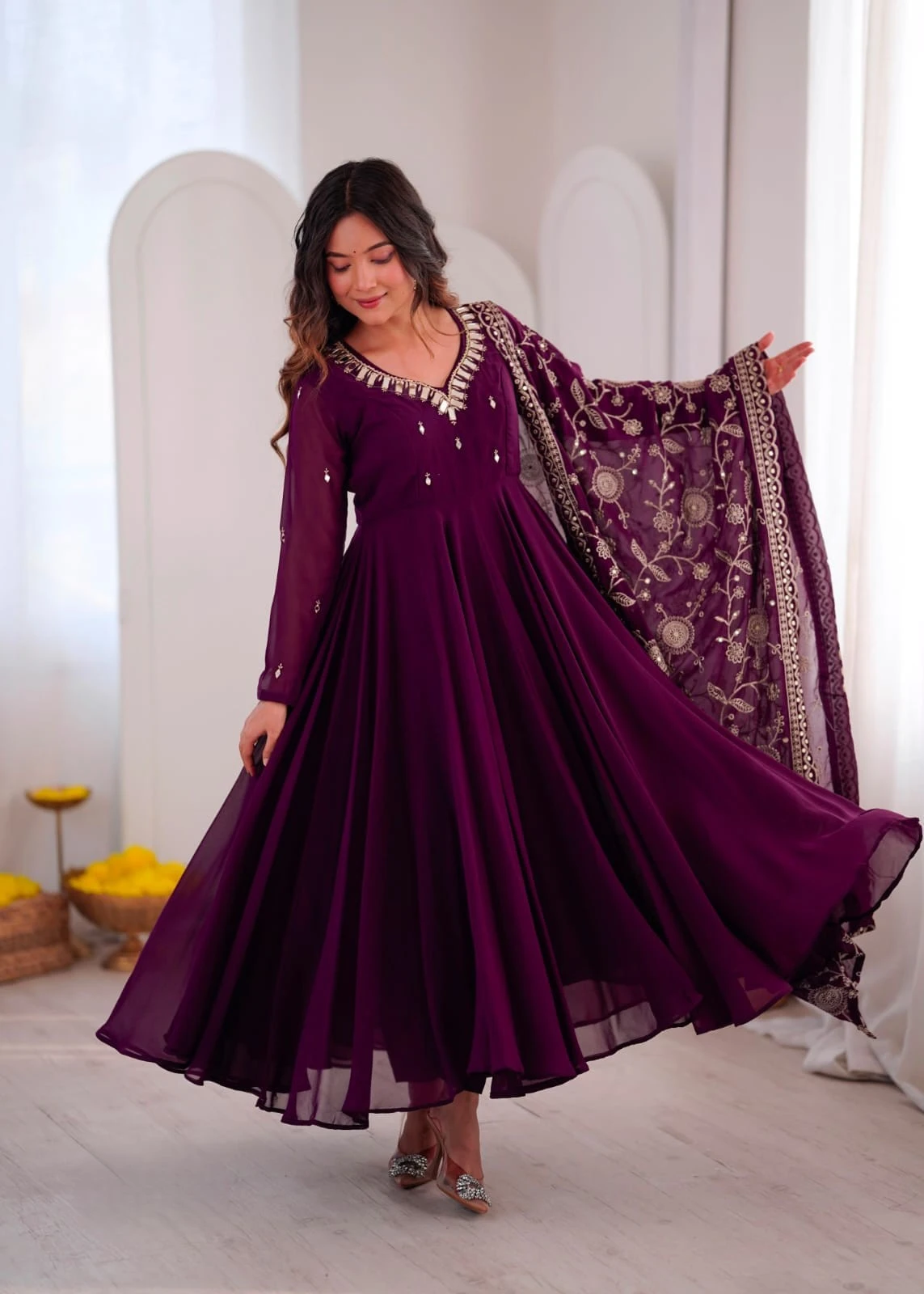 Heavy Faux Georgette Khatli Work With Real Mirror Anarkali Set